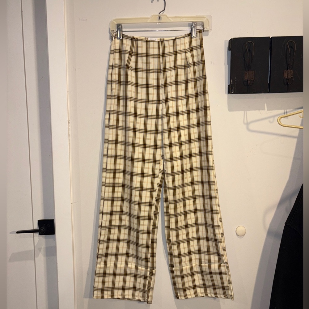 Princess Polly Cream and Brown Checkered Trousers